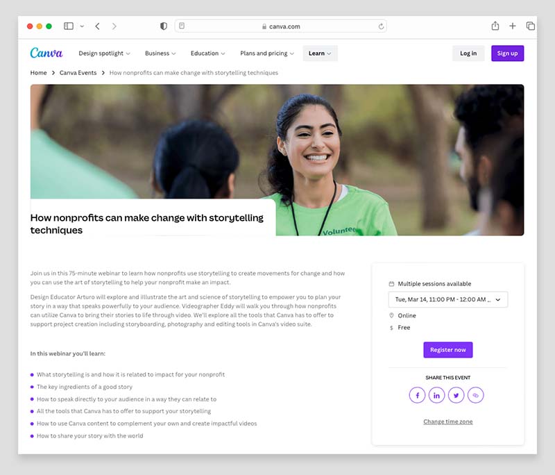 A Canva webinar on storytelling techniques for nonprofits.