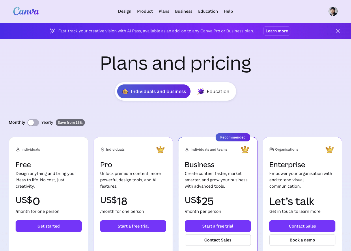 Canva pricing plans