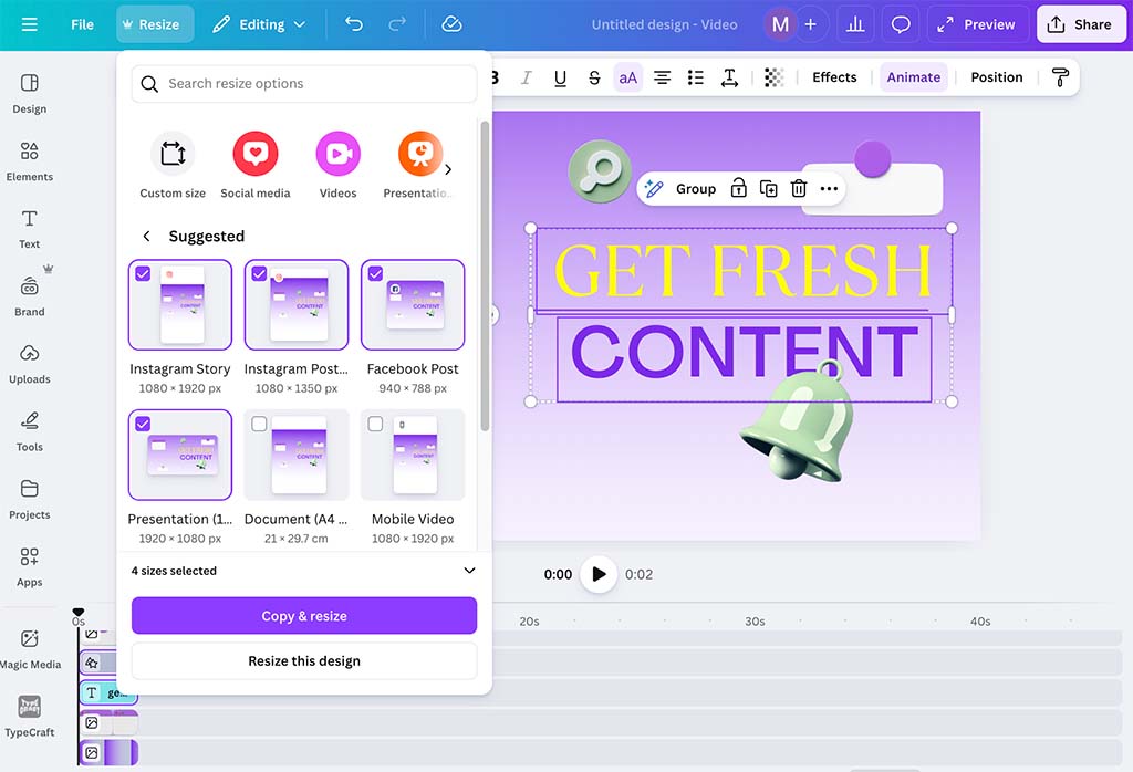 Canva's 'Resize' too