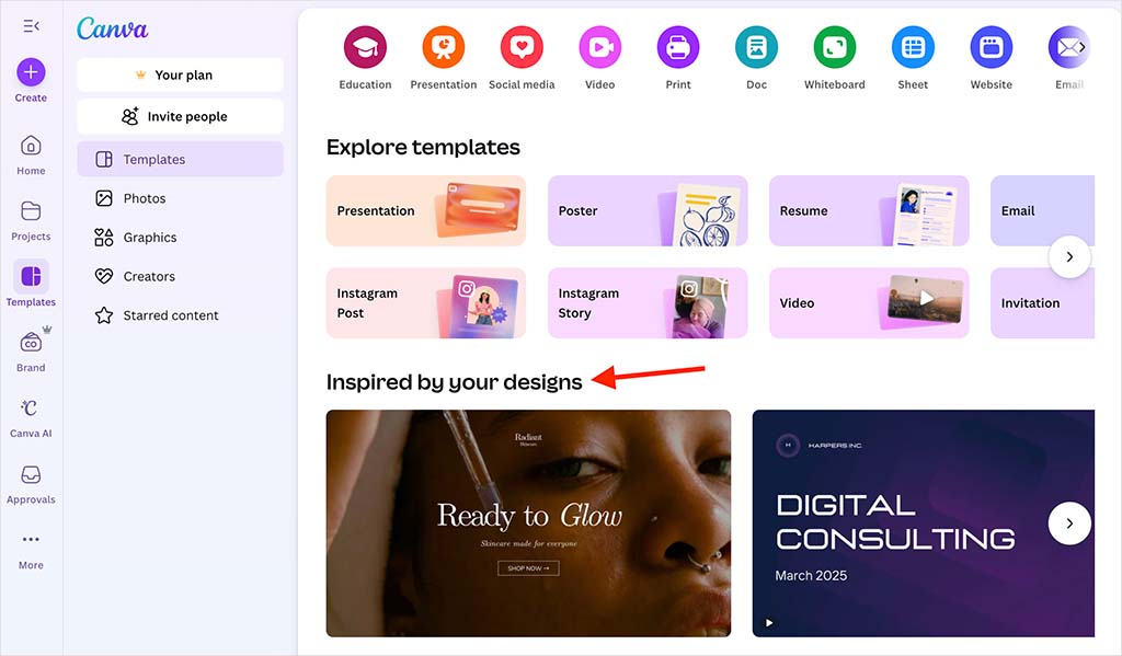 Personalized template recommendations in Canva.