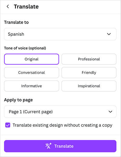 Translating content in Canva