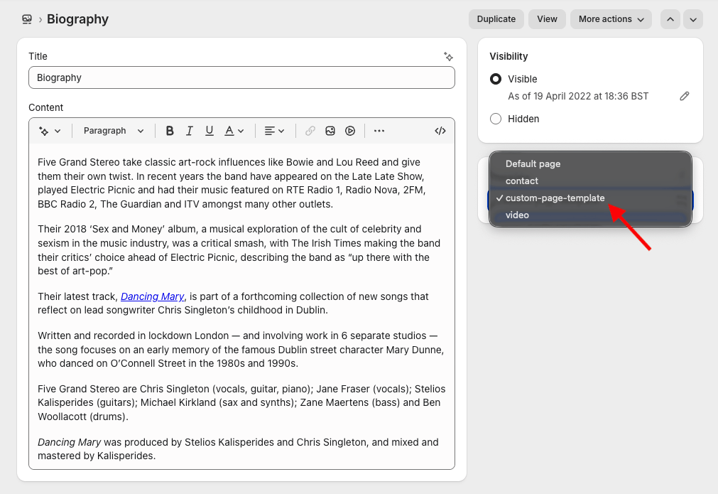 The Shopify page editor