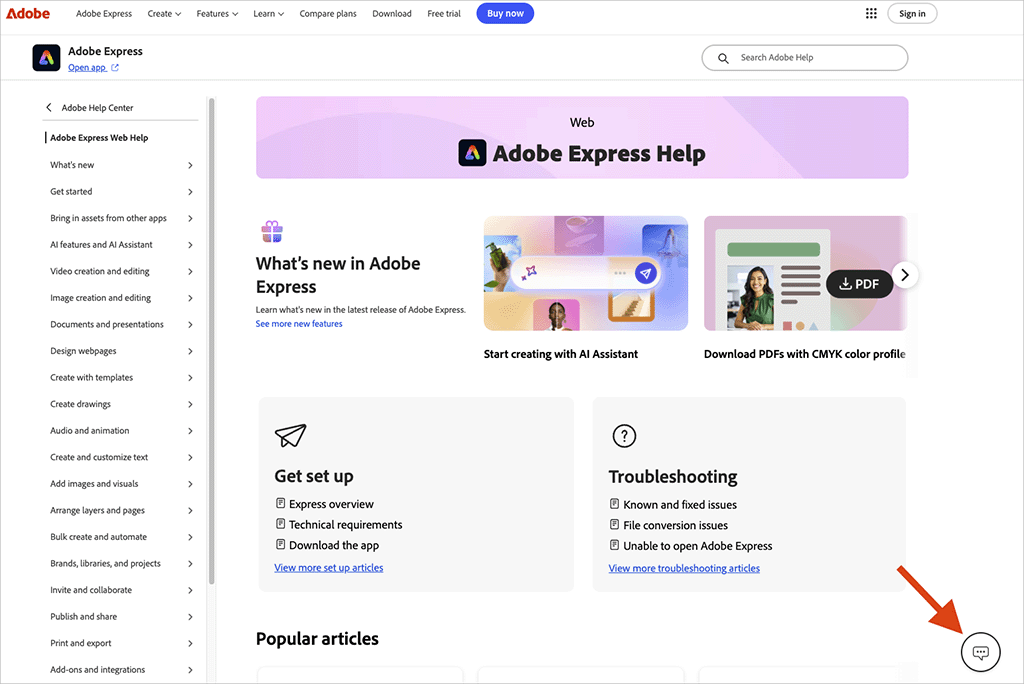 Contacting the Adobe Express support team