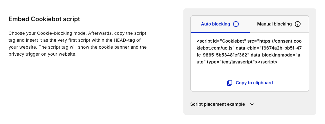 The Cookiebot CMP installation script