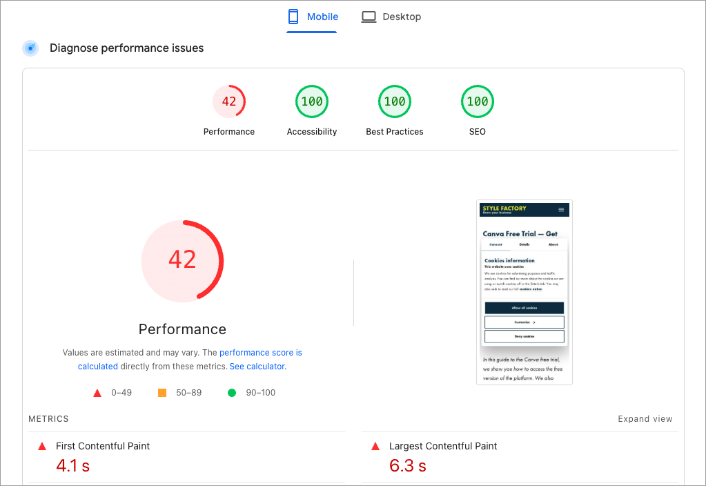 Google's Pagespeed Insights report