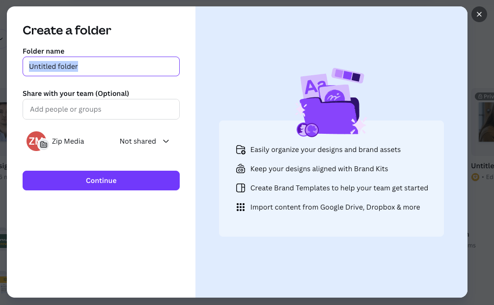 Creating folders in Canva