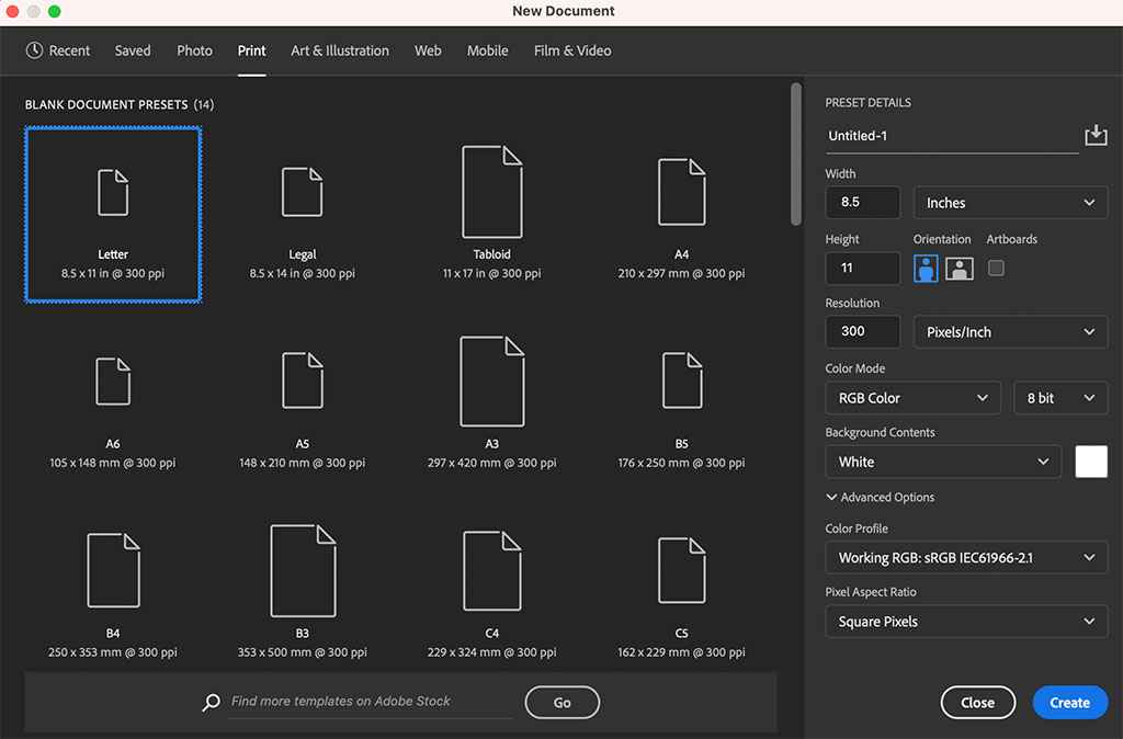 Creating a new document in Photoshop.