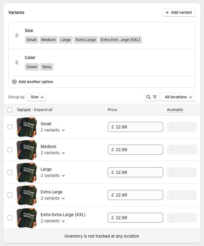Creating product variants in Shopify