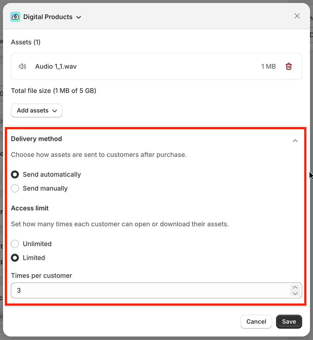 Editing delivery method settings.