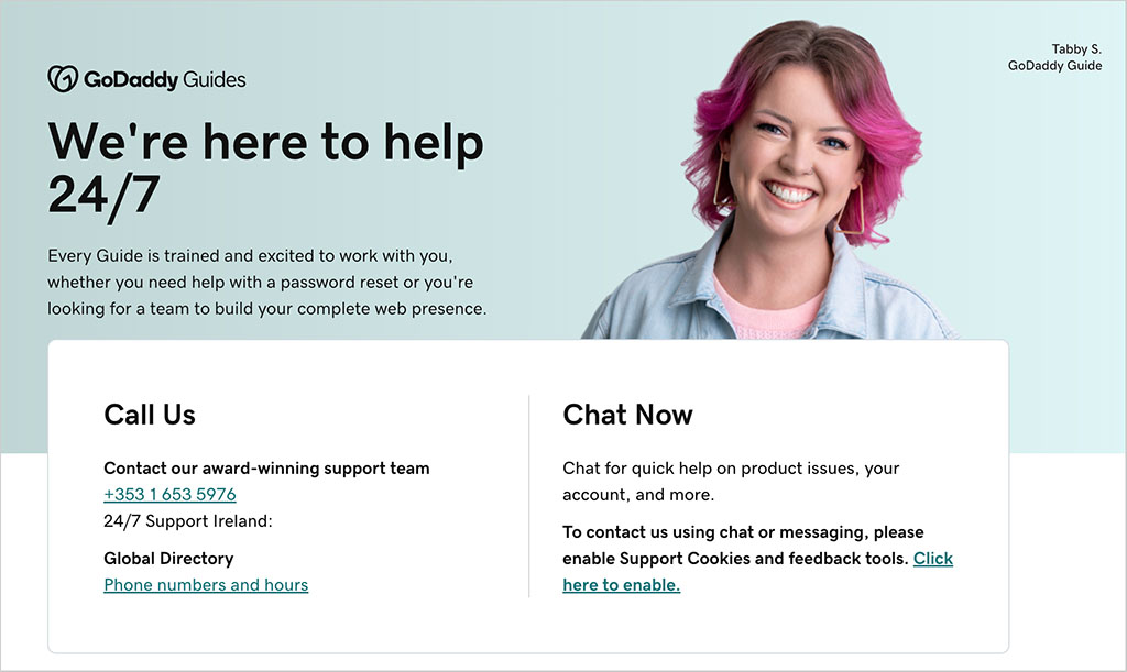 GoDaddy customer support contact page.