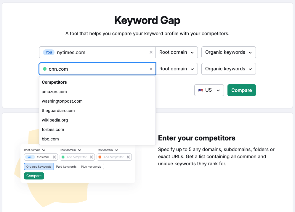 Performing keyword gap analysis in Semrush