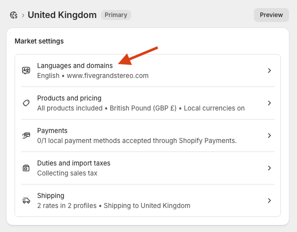 Using the 'Shopify Markets' feature to configure language settings