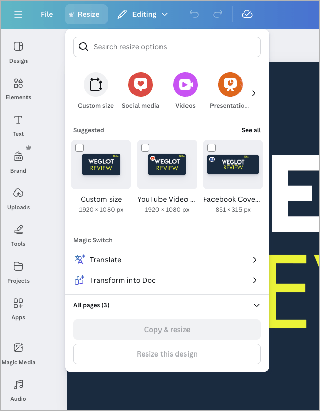 The 'Magic Resize' feature in use