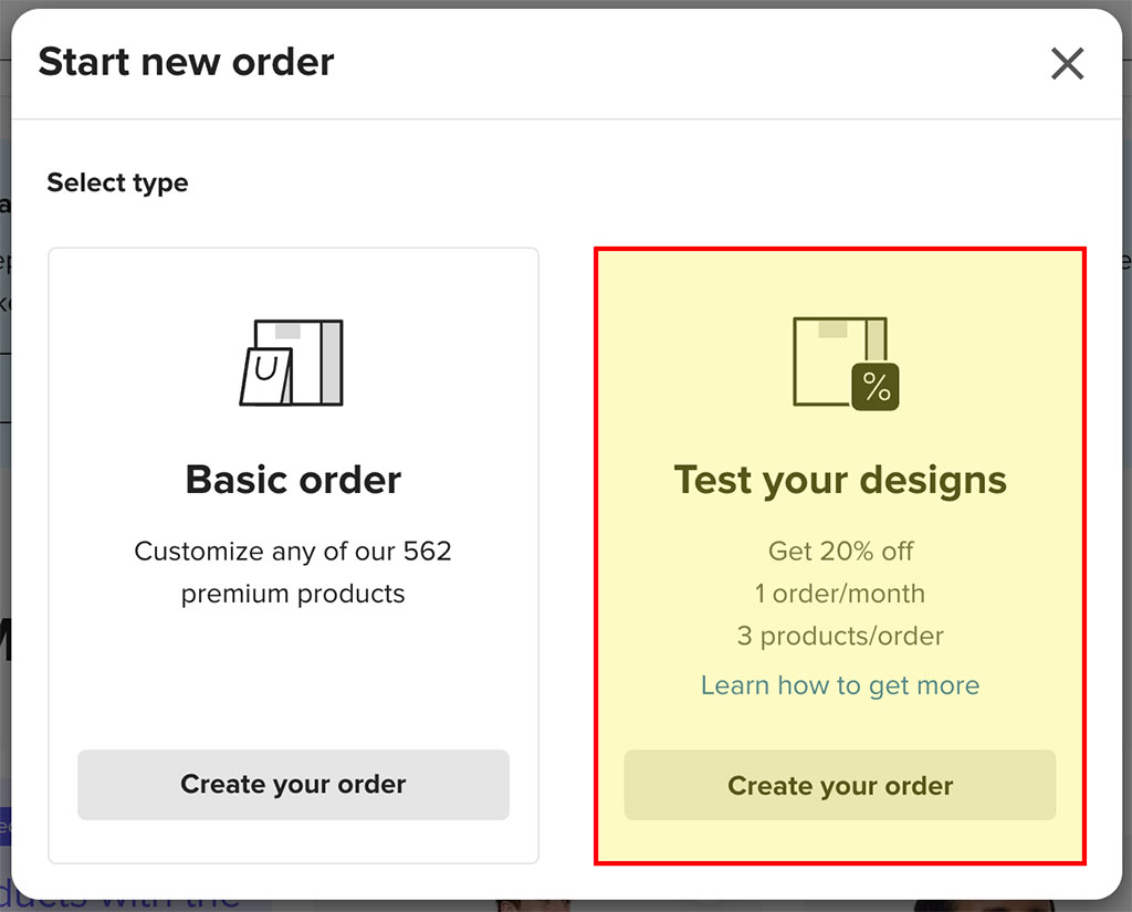 Ordering a discounted sample order in Printful.