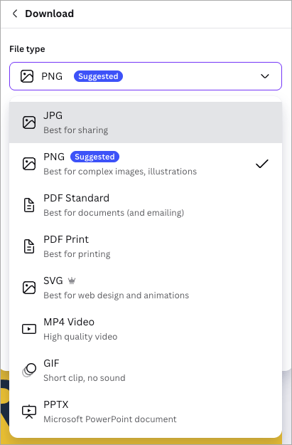 Export options in Canva