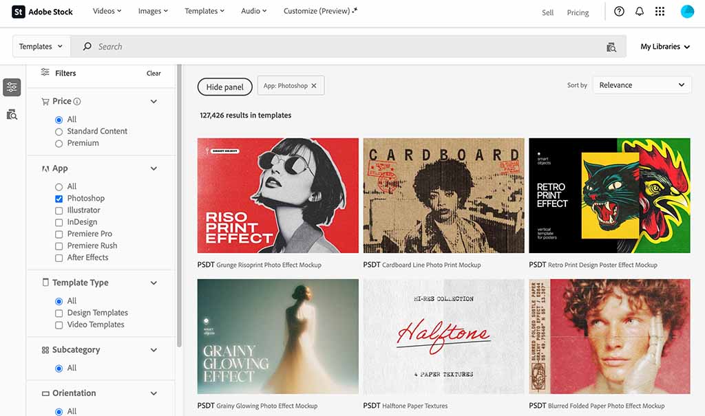 Photoshop templates in the Adobe Stock library — unlike Canva's, these can be expensive.