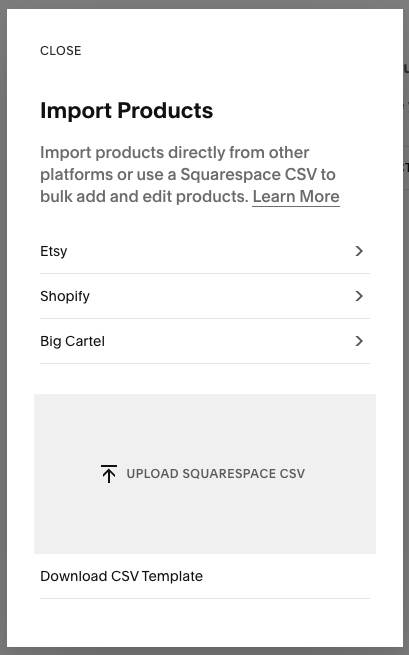 The product import process in Squarespace