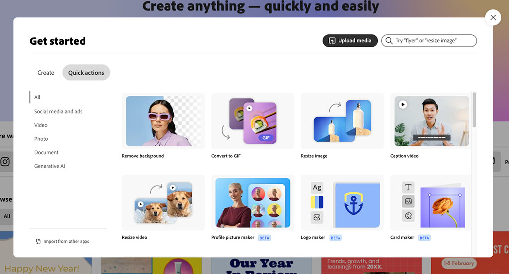 Adobe Express' quick actions tab