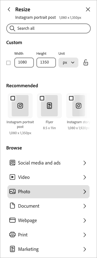 The resize option in Adobe Express