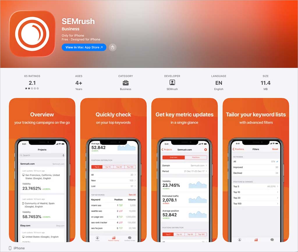 The Semrush mobile app (iOS version)