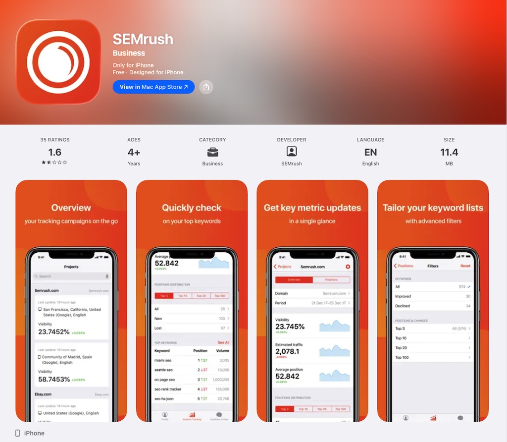 The iOS app for Semrush