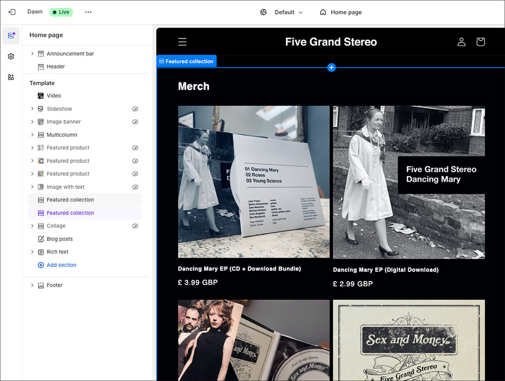 Shopify's drag and drop editor