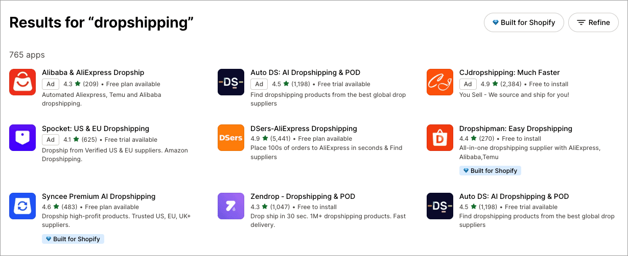 Some of the dropshipping apps that are available for the Shopify platform