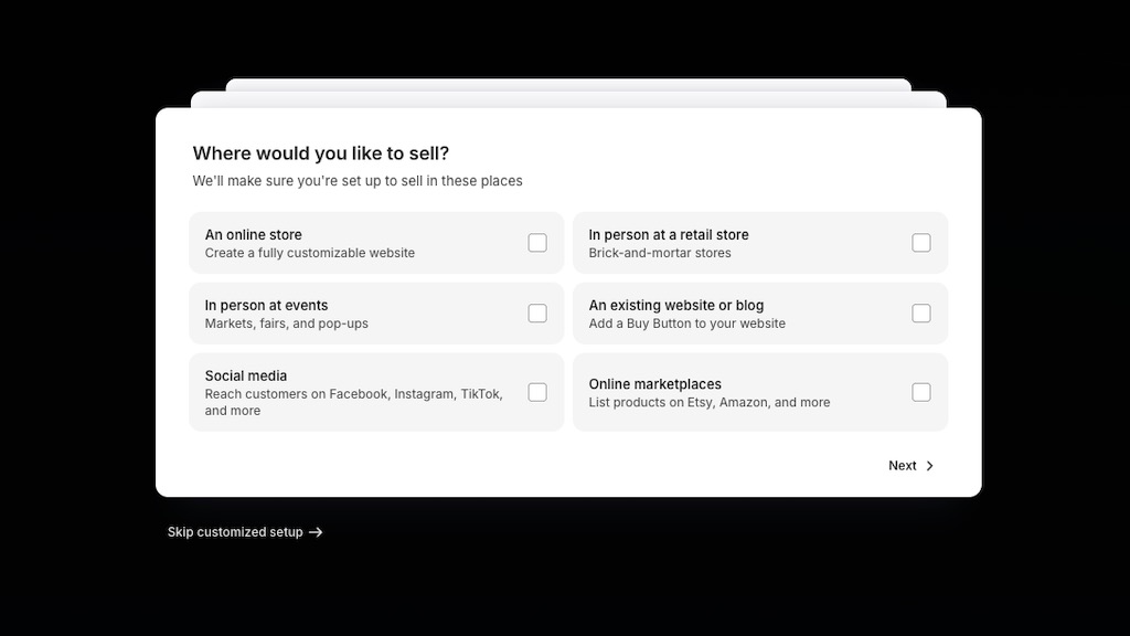 The onboarding questions asked by Shopify during the sign-up process