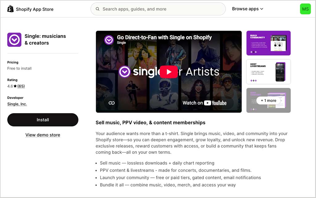 The Single app in the Shopify app store.