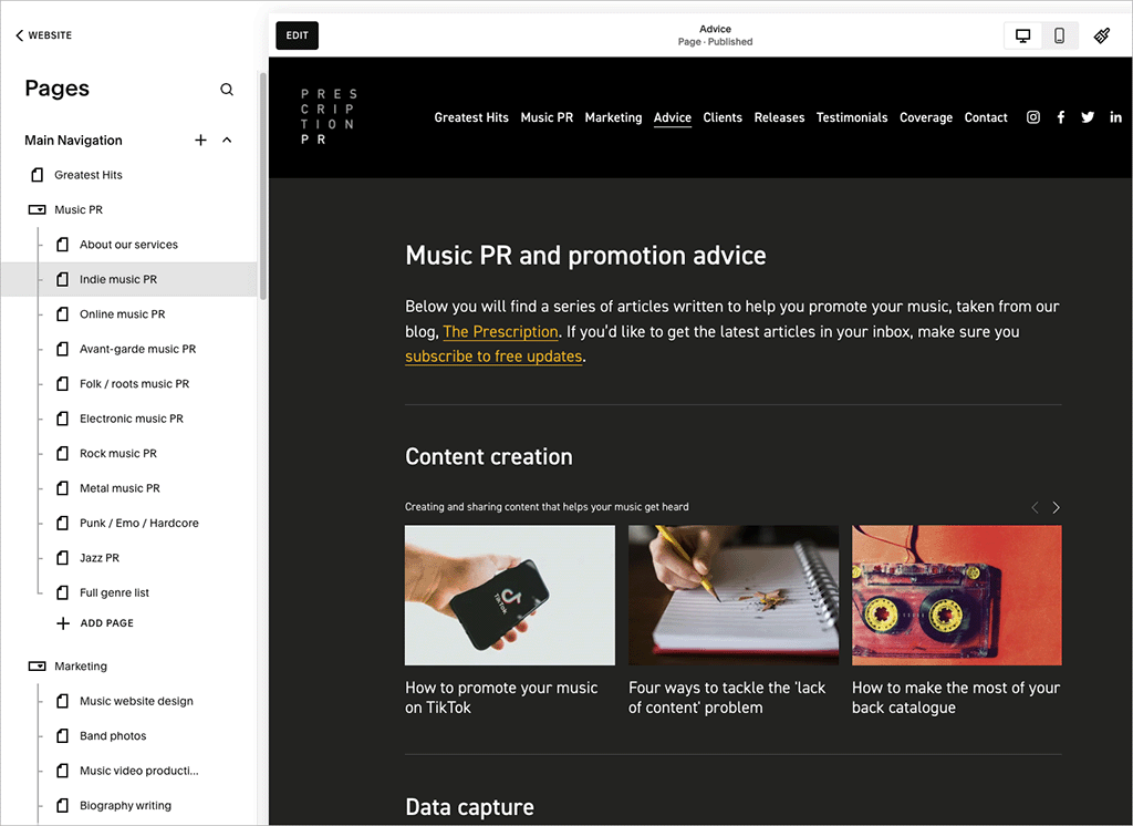 The Squarespace interface / content management system