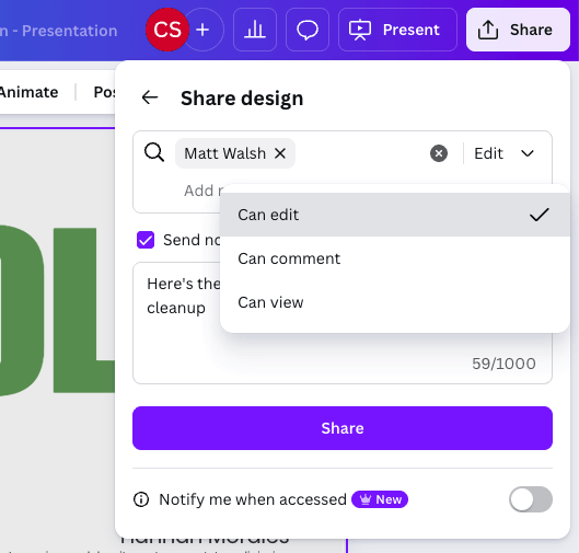 This image has an empty alt attribute; its file name is team-sharing-tools-in-canva.png
Canva Business features more sophisticated sharing and approval tools than the other plans.