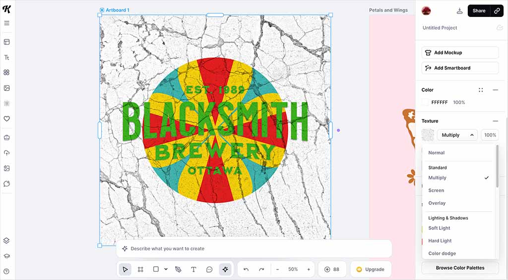 Creating texture effects via Kittl's blend modes and clipping tools