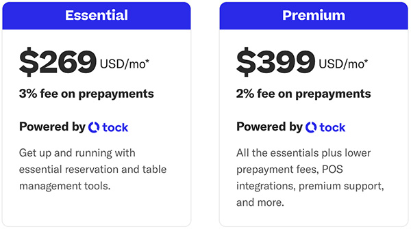 Monthly fees for annual Tock pricing plans.