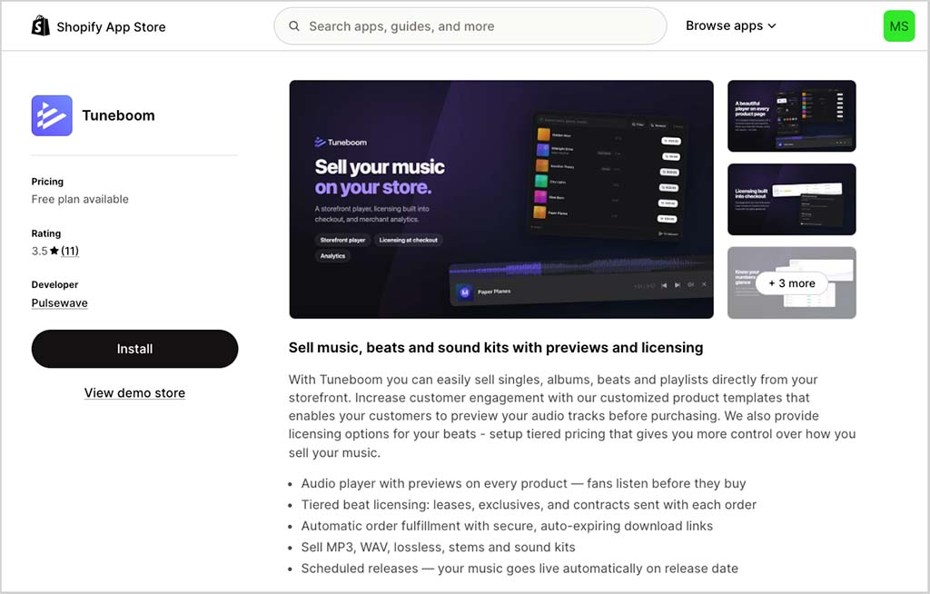 The Tuneboom app in the Shopify app store.
