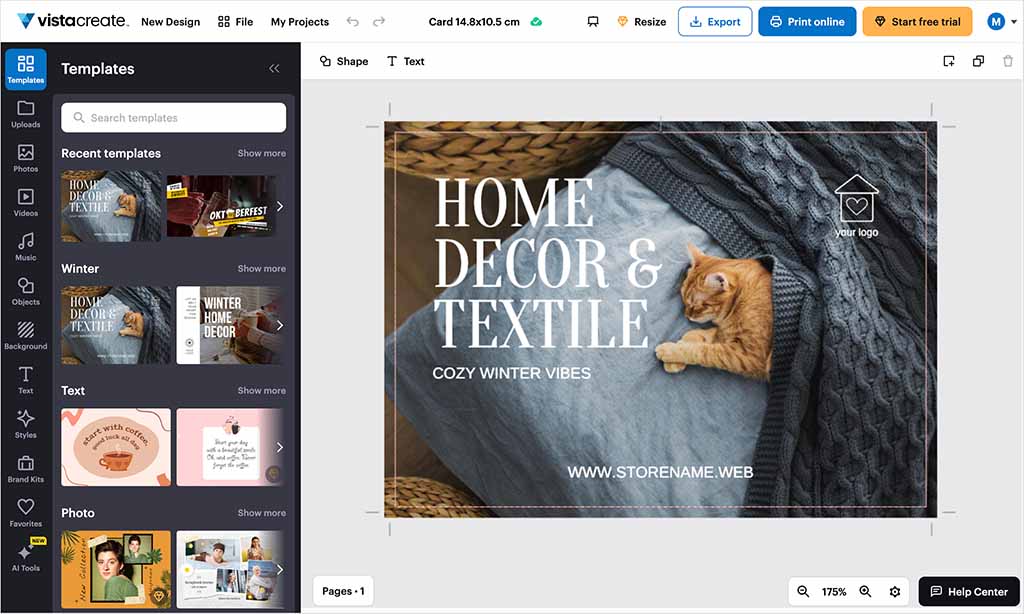 The VistaCreate design interface.