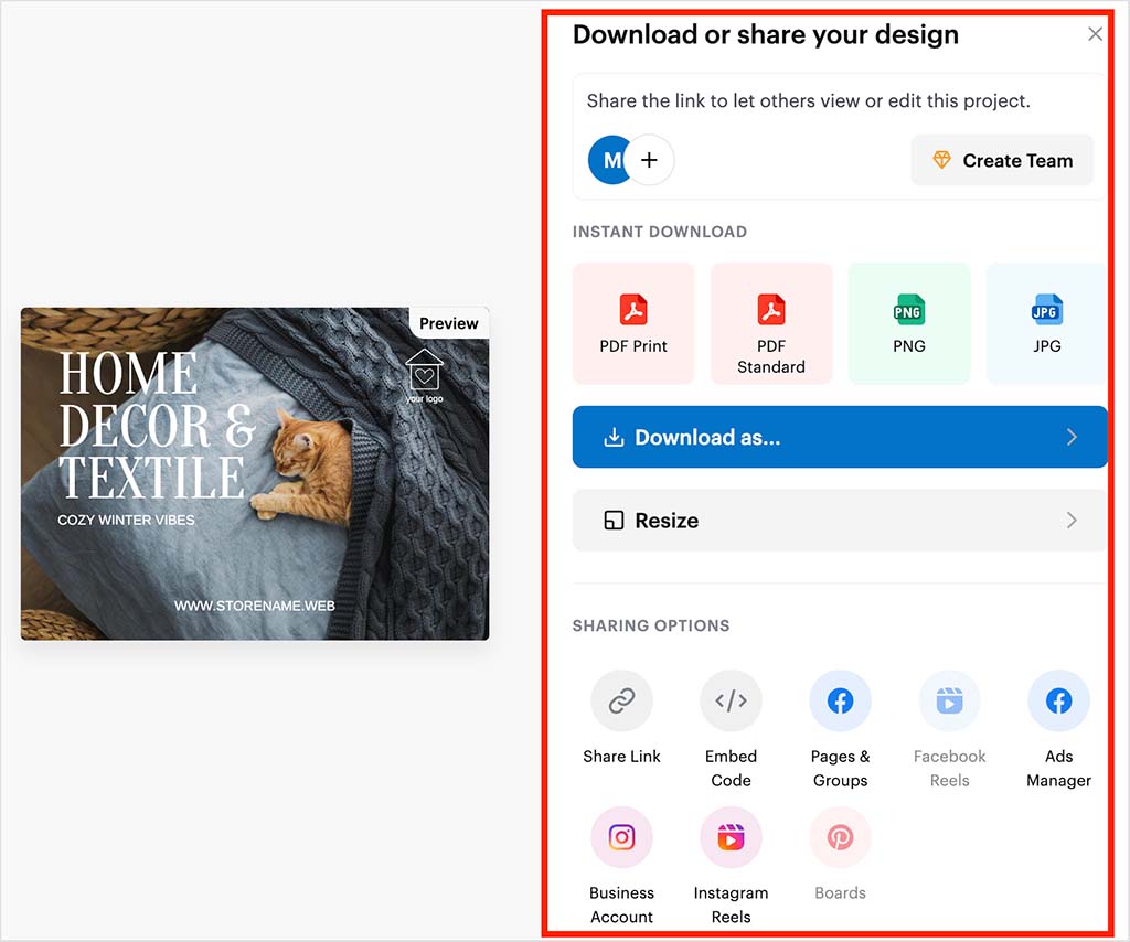 Sharing options in VistaCreate.
