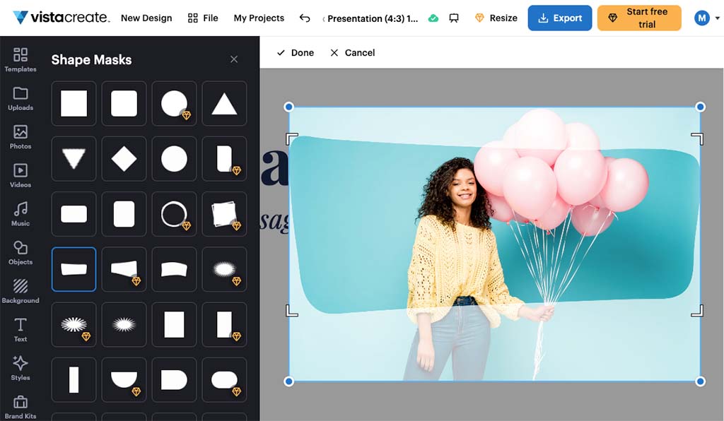 Using VistaCreate's 'mask tool' to turn an image into a shape.