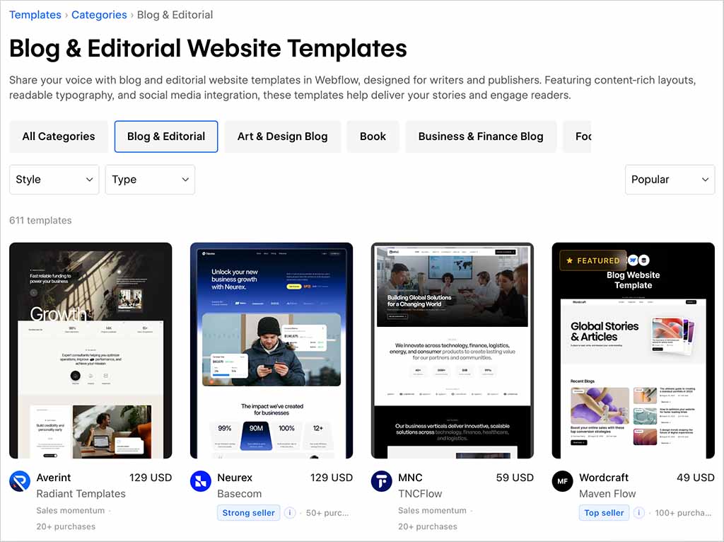 Blog templates in the Webflow template library