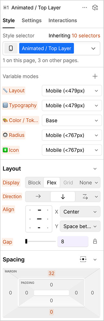Style controls in the Webflow designer