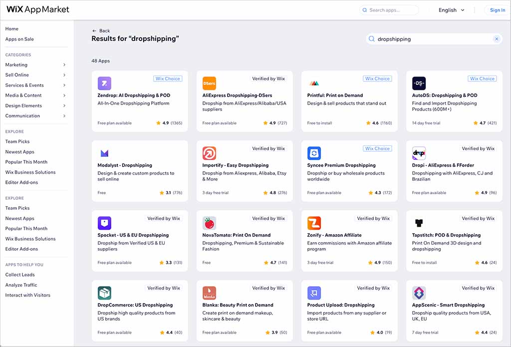 Some of the dropshipping apps and integrations available for Wix