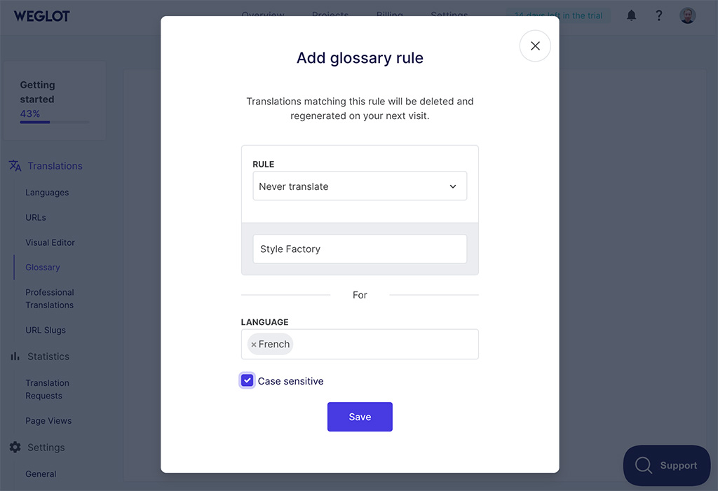 Setting up translation rules with Weglot's glossary tool