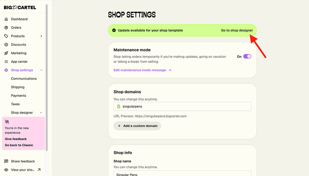 Accessing the template design tools in Big Cartel