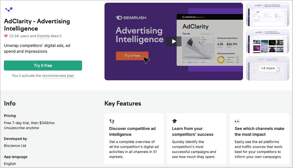 The 'AdClarity' app for Semrush