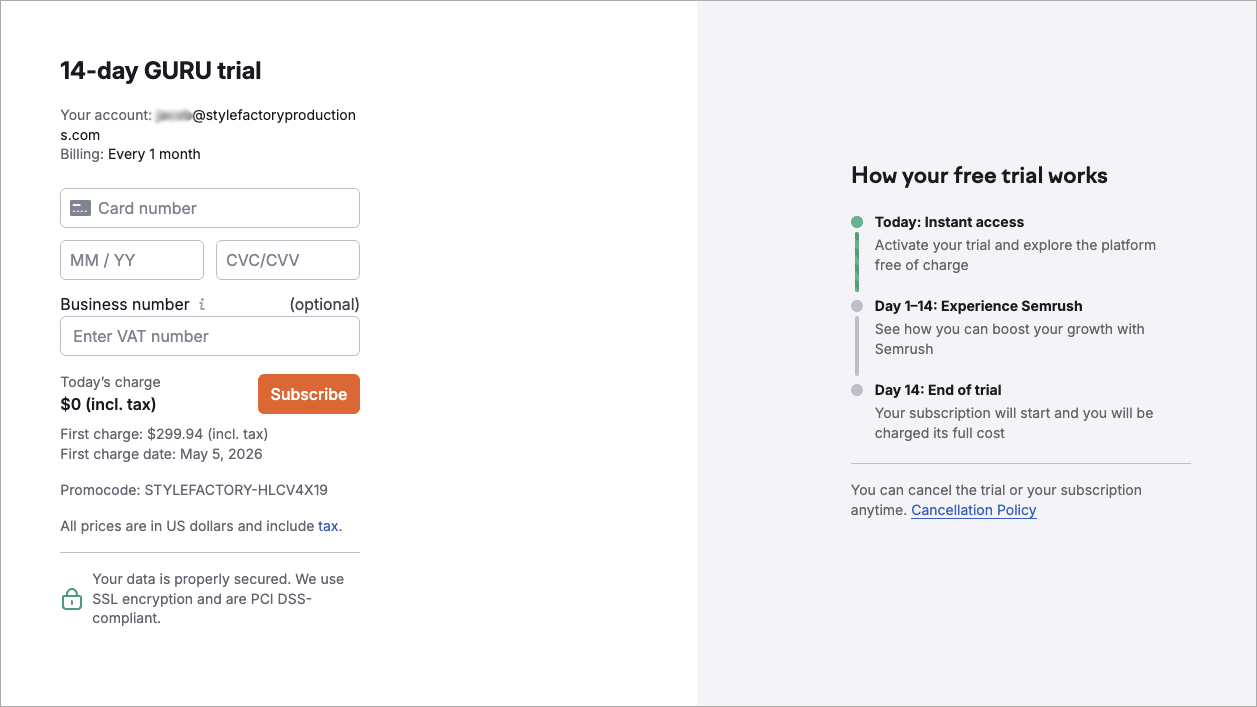 Entering your card details while signing up for a Semrush Guru free trial