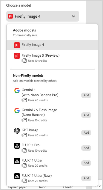 AI models that you can use to generate images with in Adobe Express