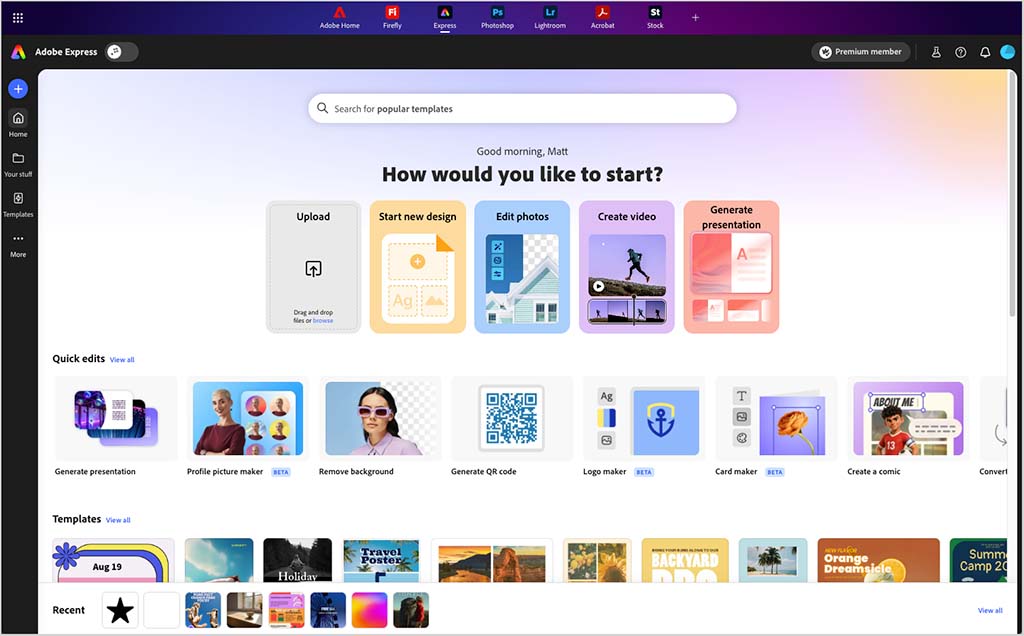 The Adobe Express dashboard