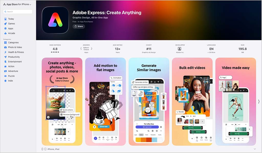 Adobe Express iOS app.