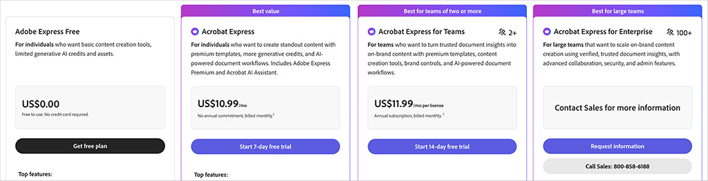 Adobe Express pricing plans