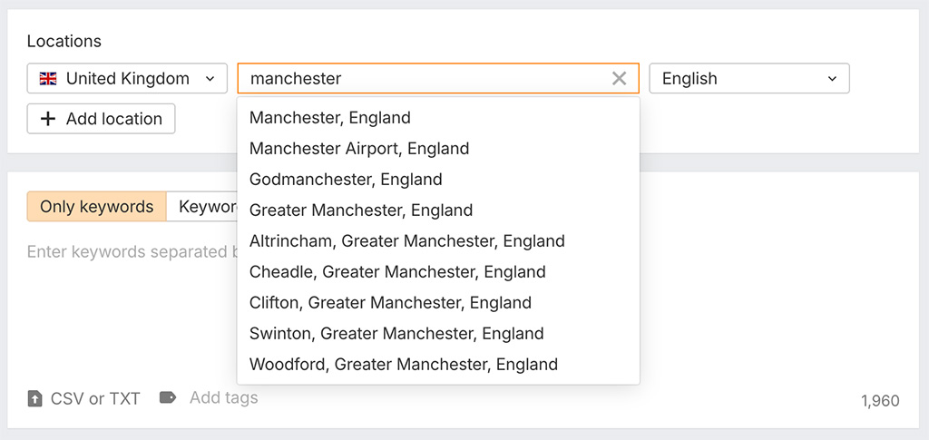 Rank tracking by location in Ahrefs