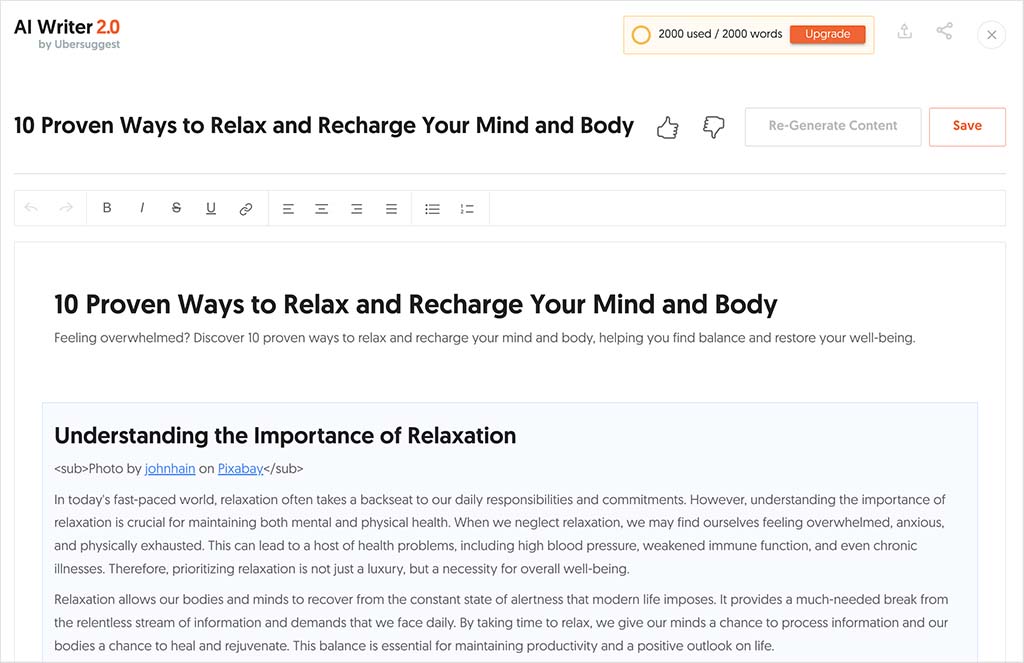 A blog post generated by Ubersuggest's 'AI Writer' tool